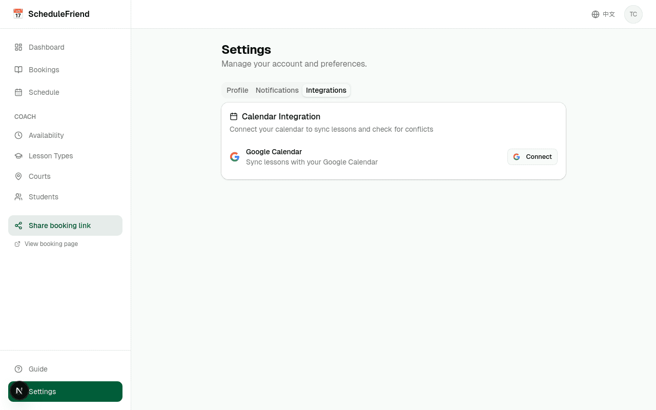 Settings page showing calendar integration section with Google Calendar connected