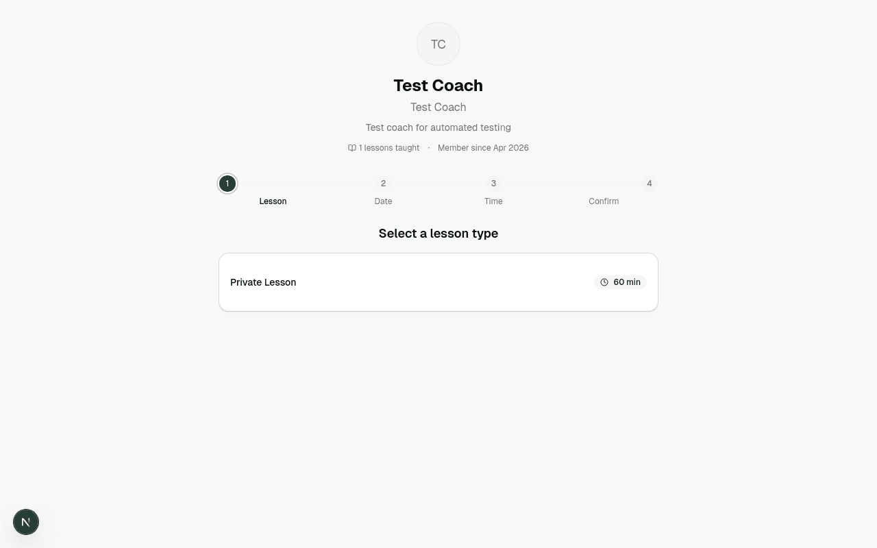 Public booking page showing a completed coach profile with bio and lesson types