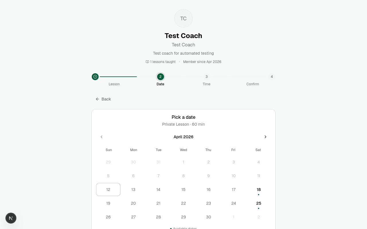 Booking flow showing a calendar with green availability dots and time slot picker