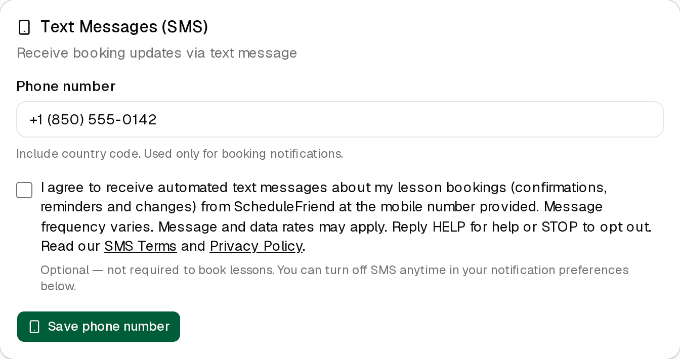 Close-up of the SMS opt-in: phone number field, unchecked consent checkbox and the full consent text with links to the SMS Terms and Privacy Policy